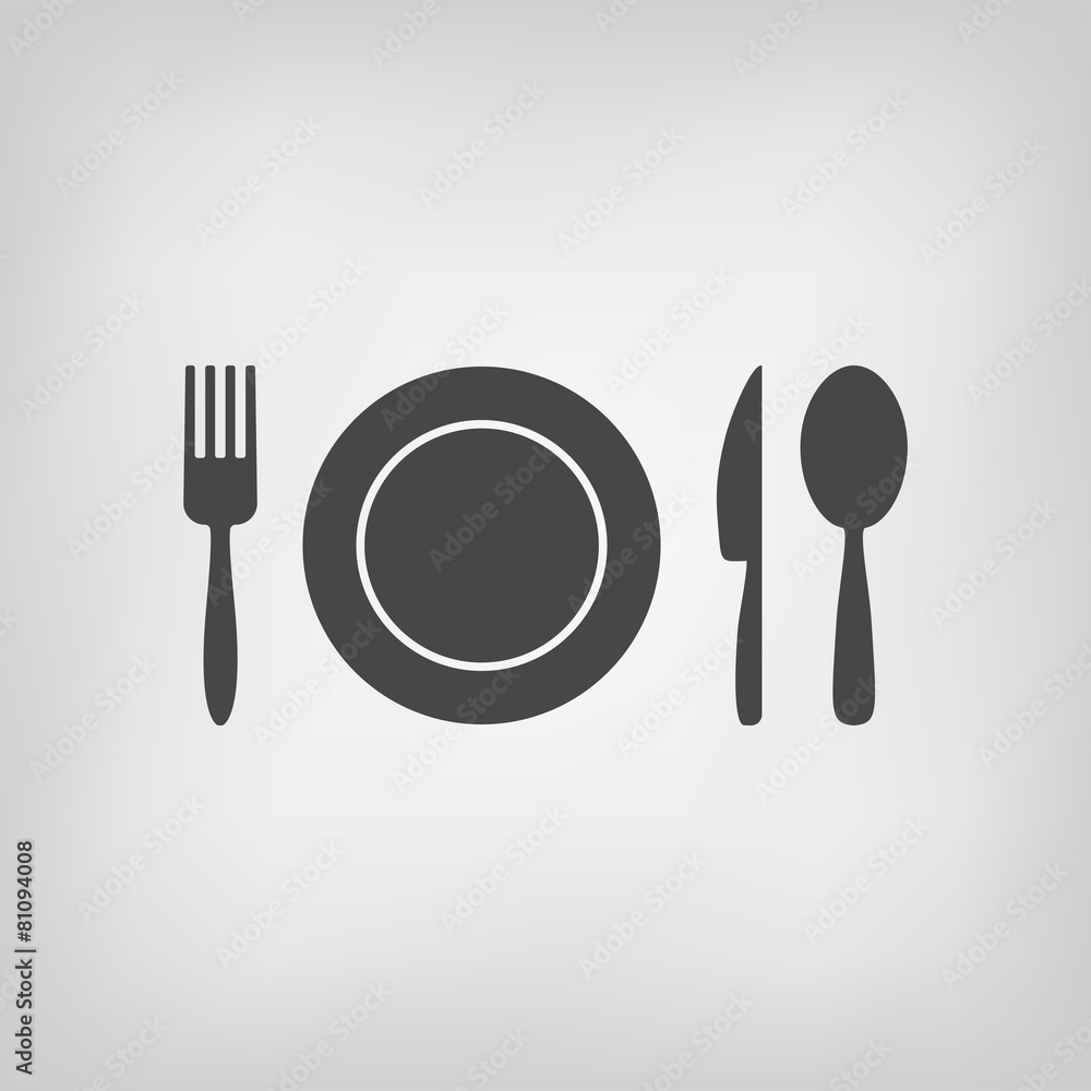 Fototapeta Black restaurant menu icon. Plate, spoon, fork, knife isolated
