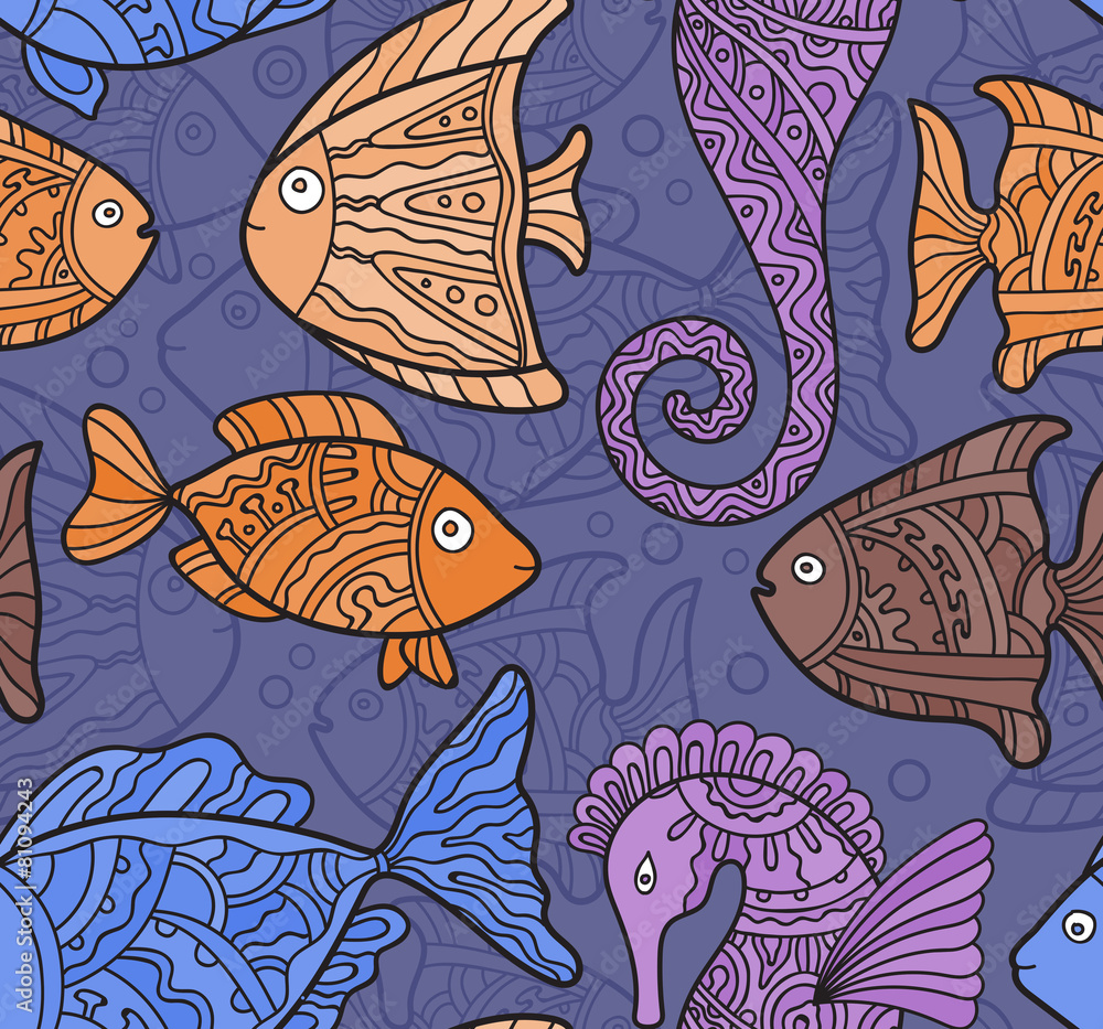 Vector Ornate Sea Seamless Pattern with fishes, seahorses Vector Ornate Sea Seamless Pattern with fishes, seahorses