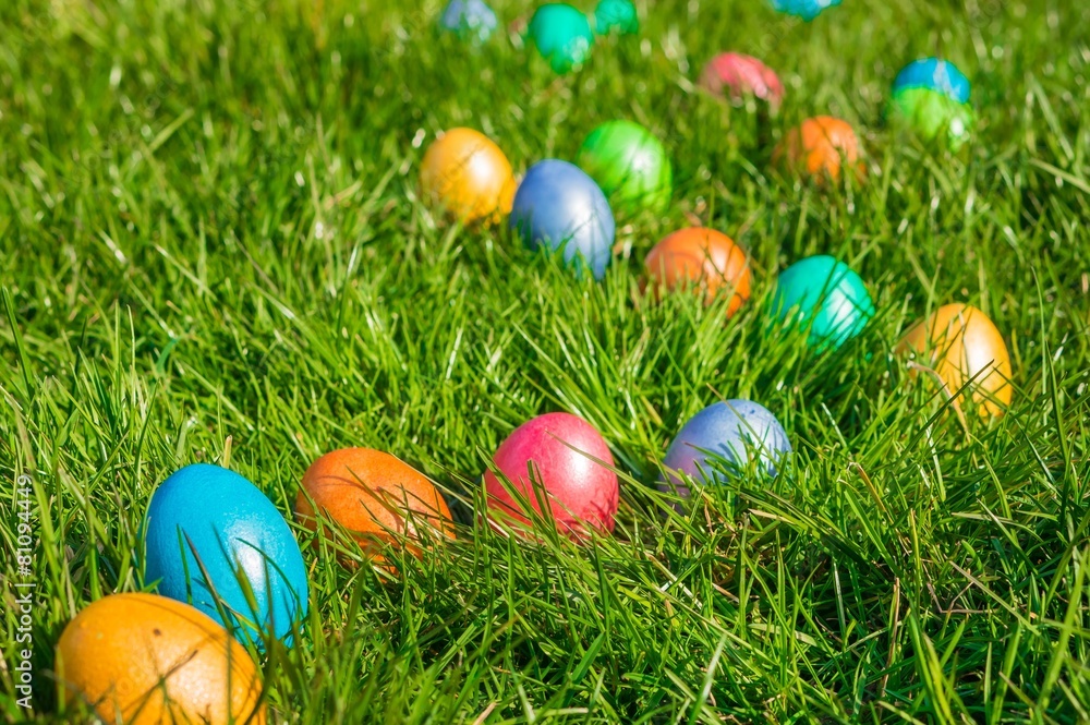 Colorful Easter eggs on a green grass
