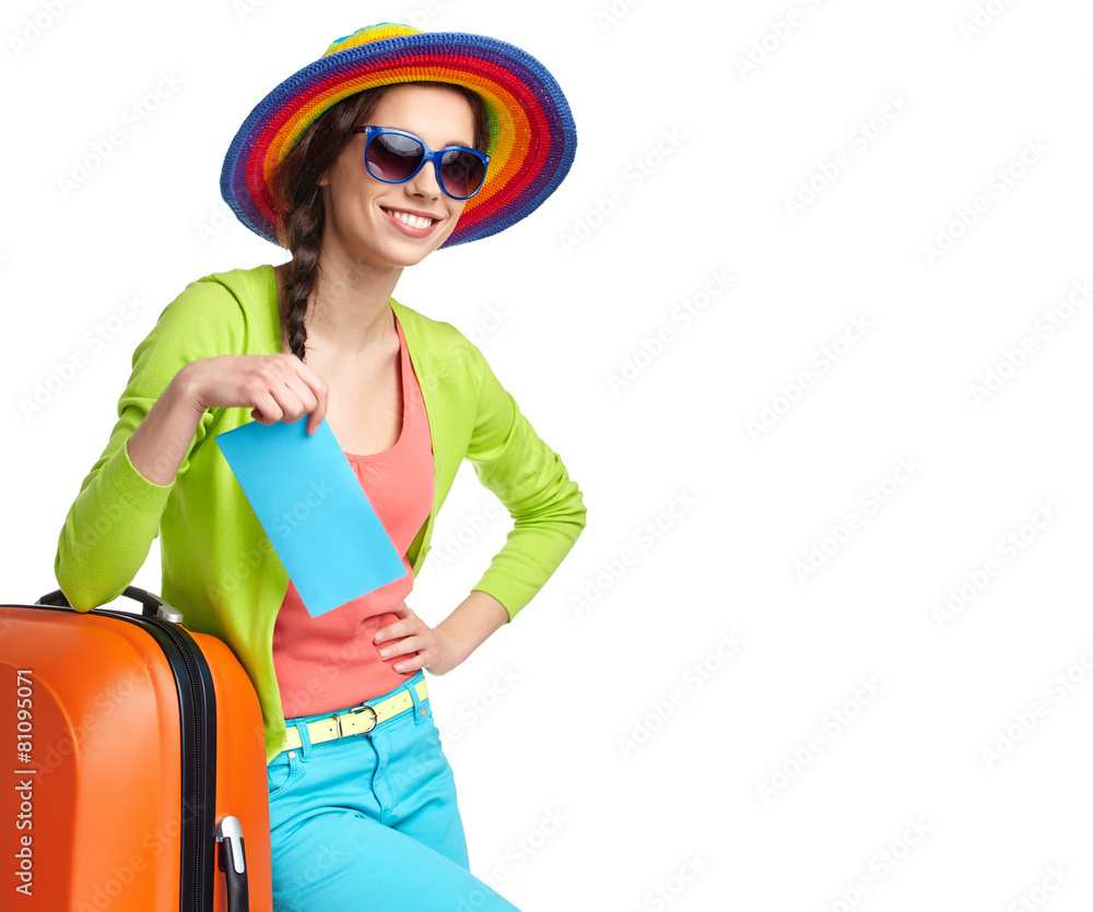 portrait of female tourist with travel suitcase and boarding pas portrait of female tourist with travel suitcase and boarding pas
