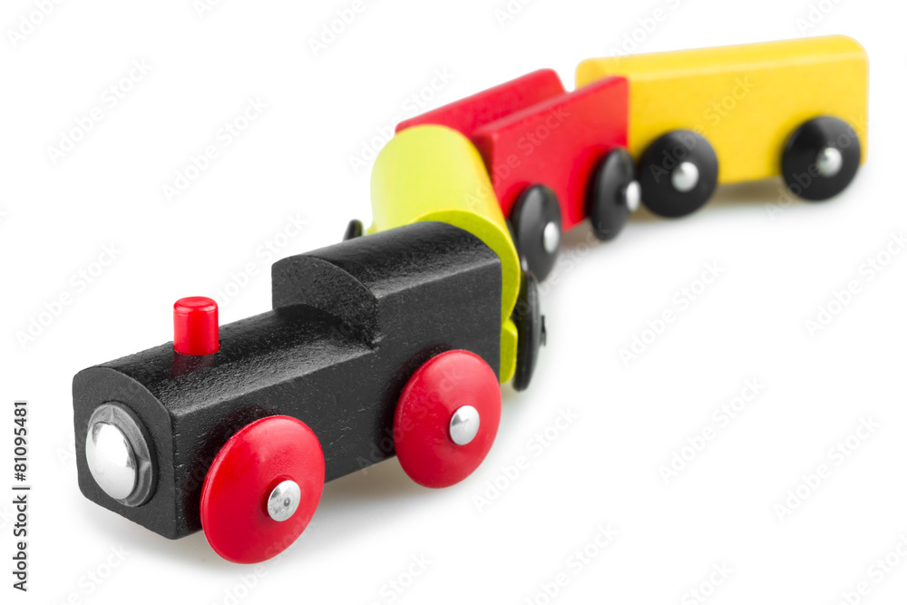 Colorful wooden toy train isolated over white background