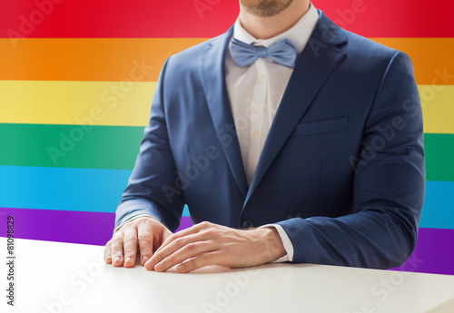 close up of man in suit and bow-tie at table photo