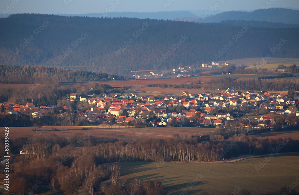 Wildeck Bosserode as seen from from the Bodesruh memorial lookout tower at the former Inner-German border between Thuringia and Hesse