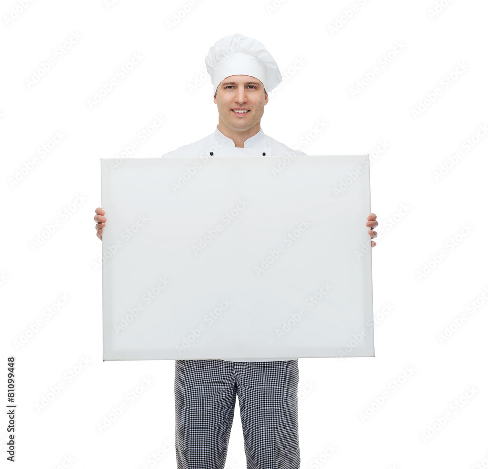 happy male chef cook holding white blank big board happy male chef cook holding white blank big board