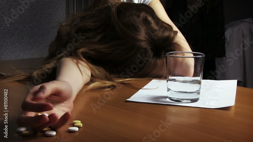 Woman suicide concept. Hand with pills on the table