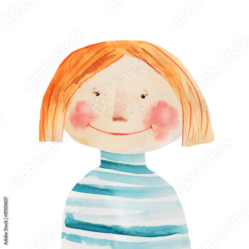 Girl in striped shirt with red hair smile. Vector