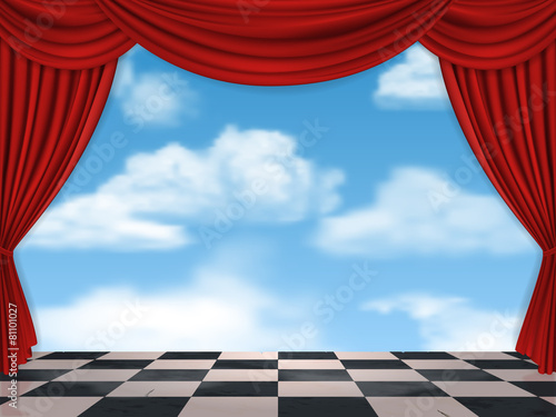 Red curtains sky and chessboard