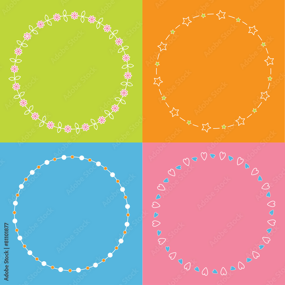 Round frame wreath set Daisy flower, star, leaf, dot element Round frame wreath set Daisy flower, star, leaf, dot element