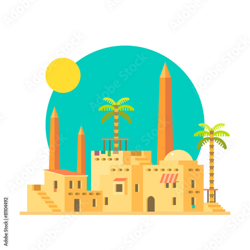 Flat design of mud houses village with obelisk