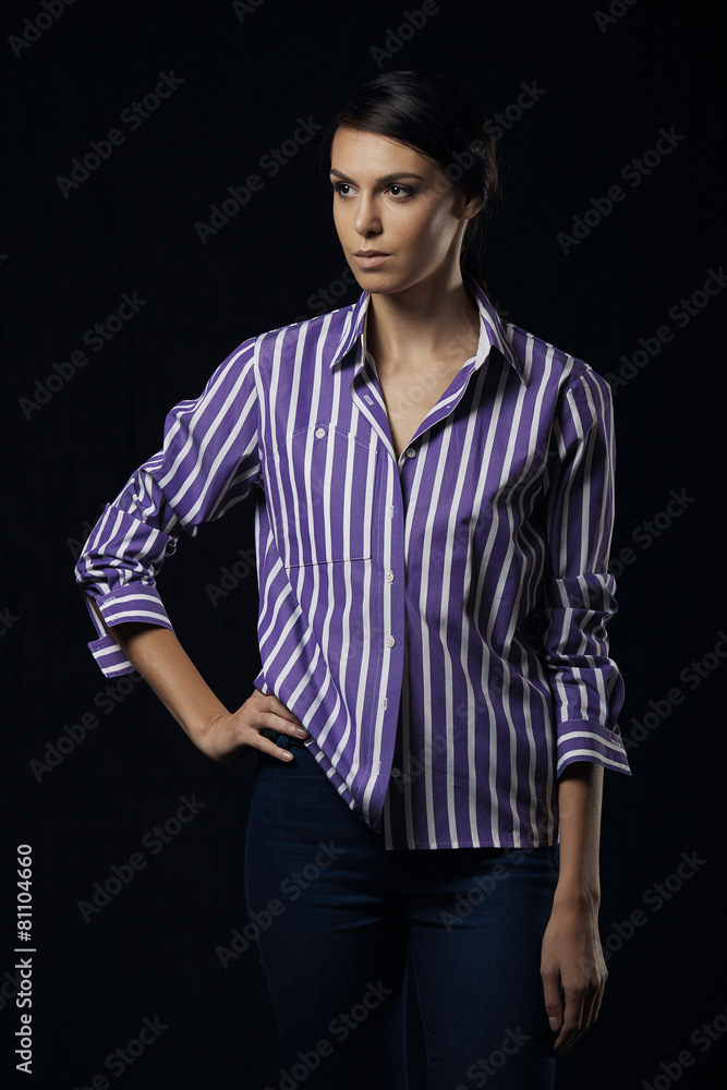 Fashion photo of young magnificent woman in purple shirt Fashion photo of young magnificent woman in purple shirt