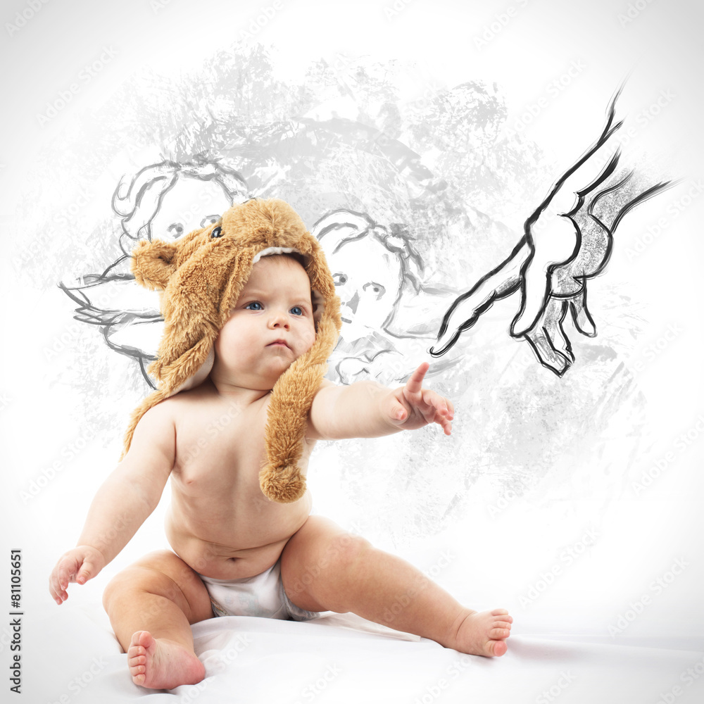 cute baby in bear cap in white background cute baby in bear cap in white background