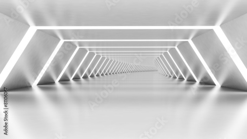 Abstract 3d empty illuminated white shining bent corridor