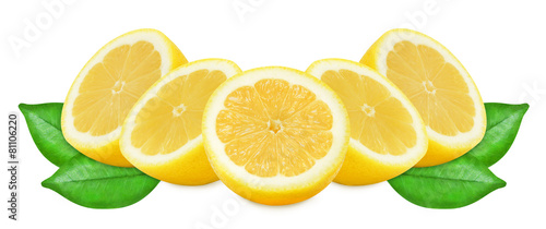 Juicy yellow lemons with leaves on a white background isolated