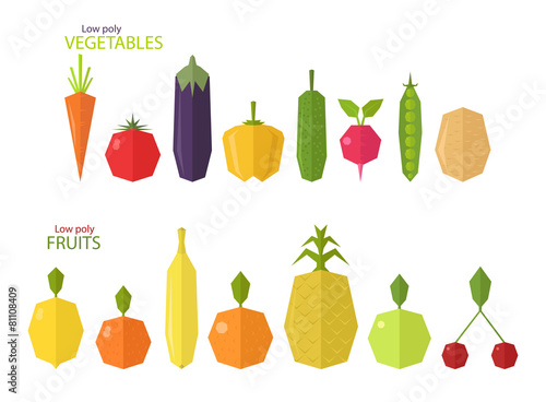 Vector set of low poly fruits and vegetables