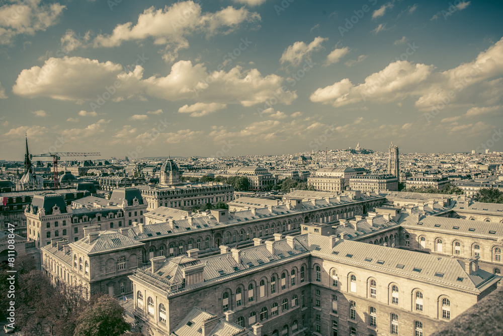 Vintage tone view across rooftops in Paris France.