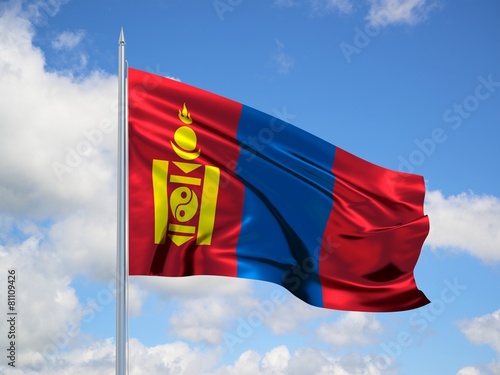 mongolia 3d flag floating in the wind in blue sky