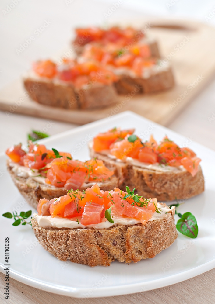 Sandwich with salted salmon and cream cheese. Sandwich with salted salmon and cream cheese.