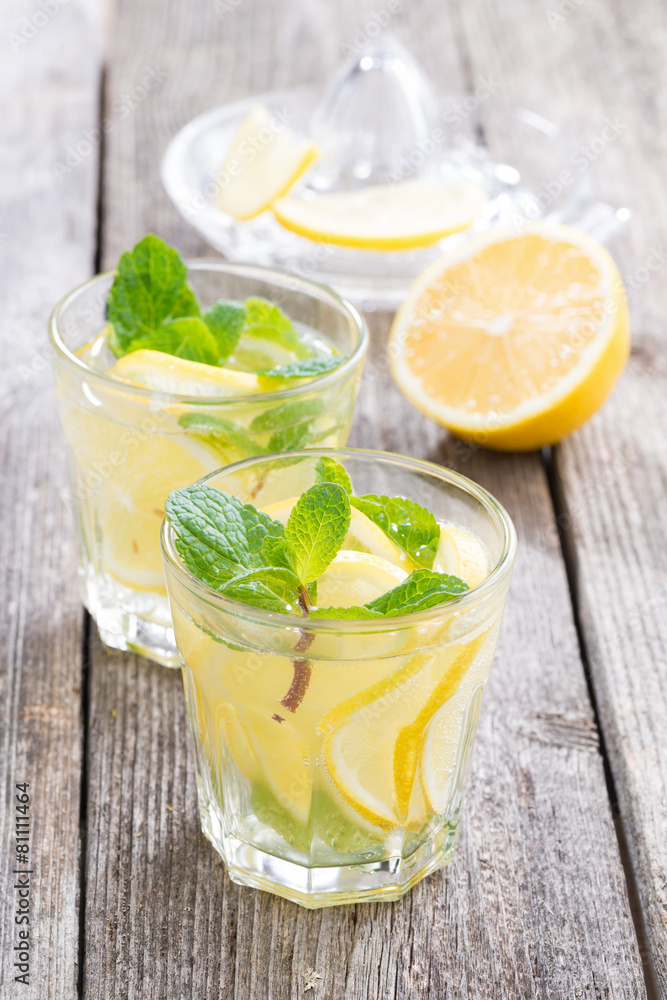 refreshing mint lemonade on a wooden table, vertical refreshing mint lemonade on a wooden table, vertical