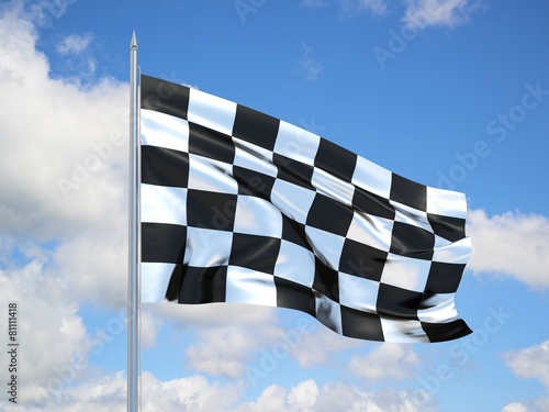 Canvas Print Racing Chequered 3d flag floating in the wind in blue sky