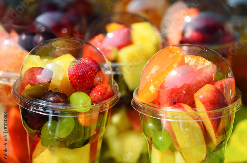 Fruit Salad arranged in plastic cups
