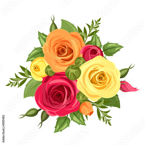 Bouquet of red  orange and yellow flowers. Vector illustration.