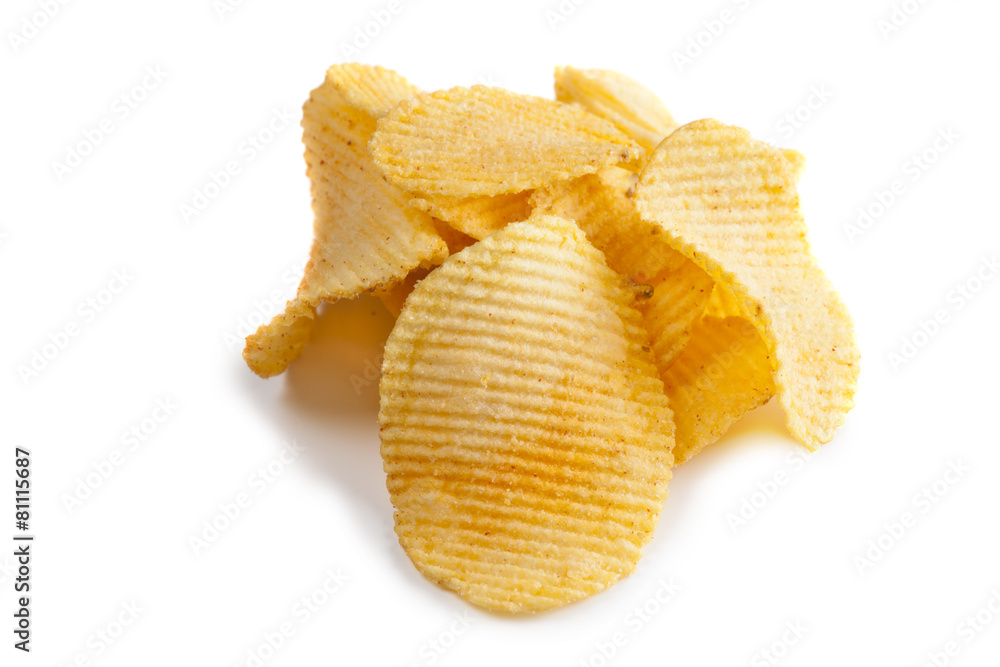 Potato chip on white background close-up Potato chip on white background close-up