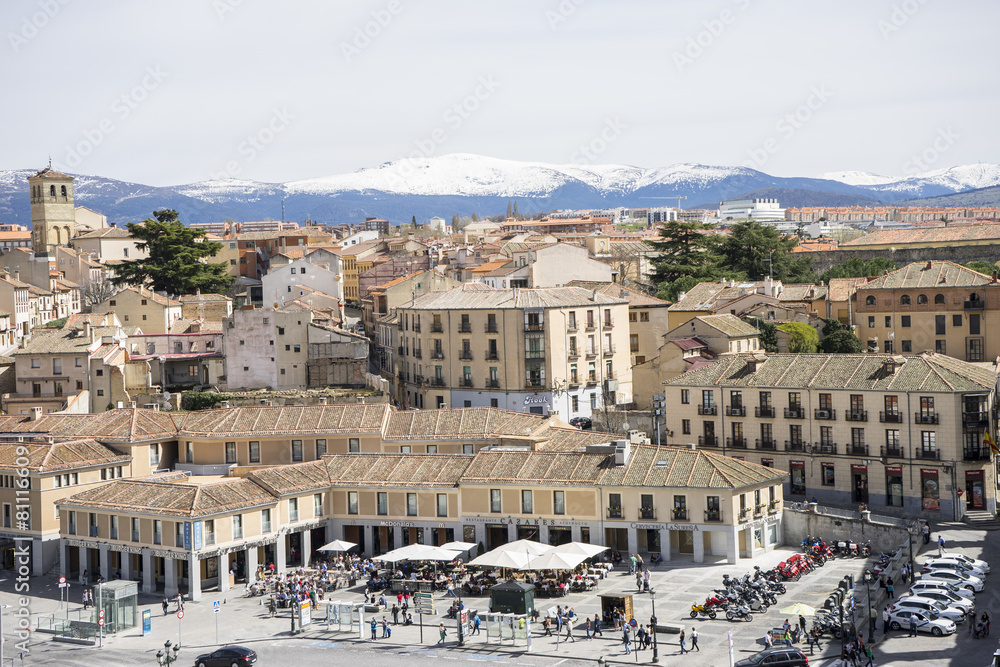 Tourism, aerial views of the Spanish city of Segovia. Ancient Ro