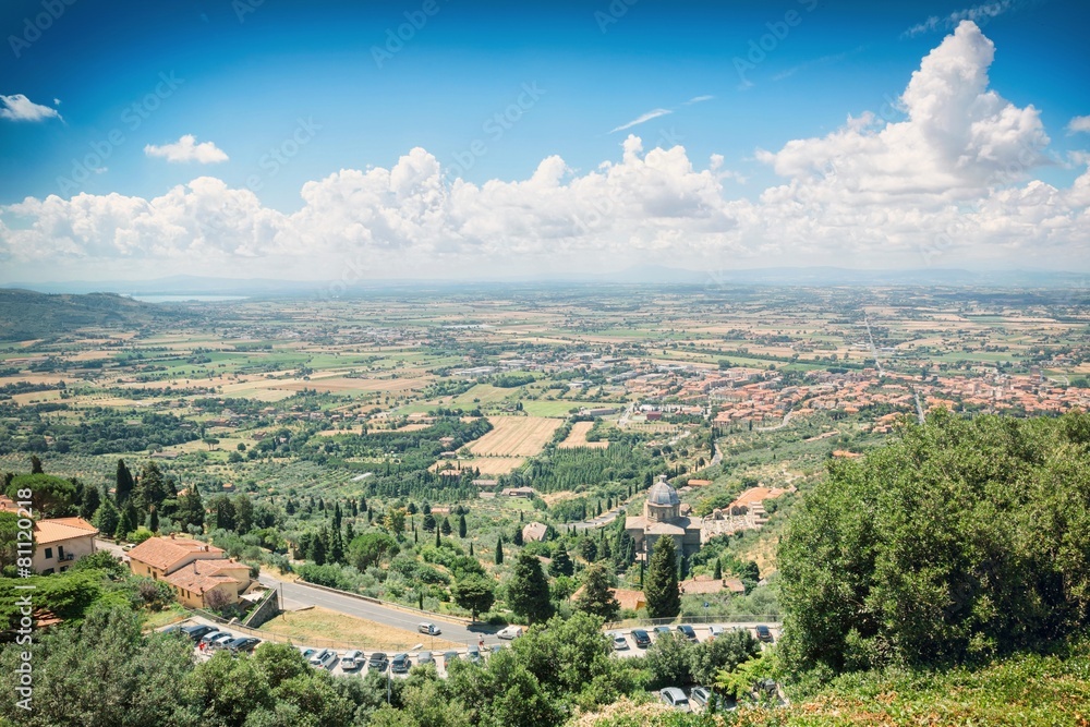 View from the ramparts of the medieval town of Cortona on Tuscany countryside, Italy