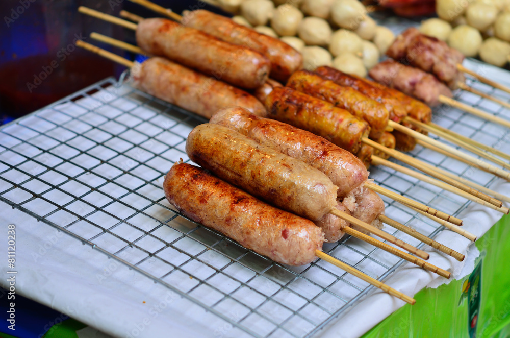 Thai Style Grilled Sausage on Street Market Thai Style Grilled Sausage on Street Market