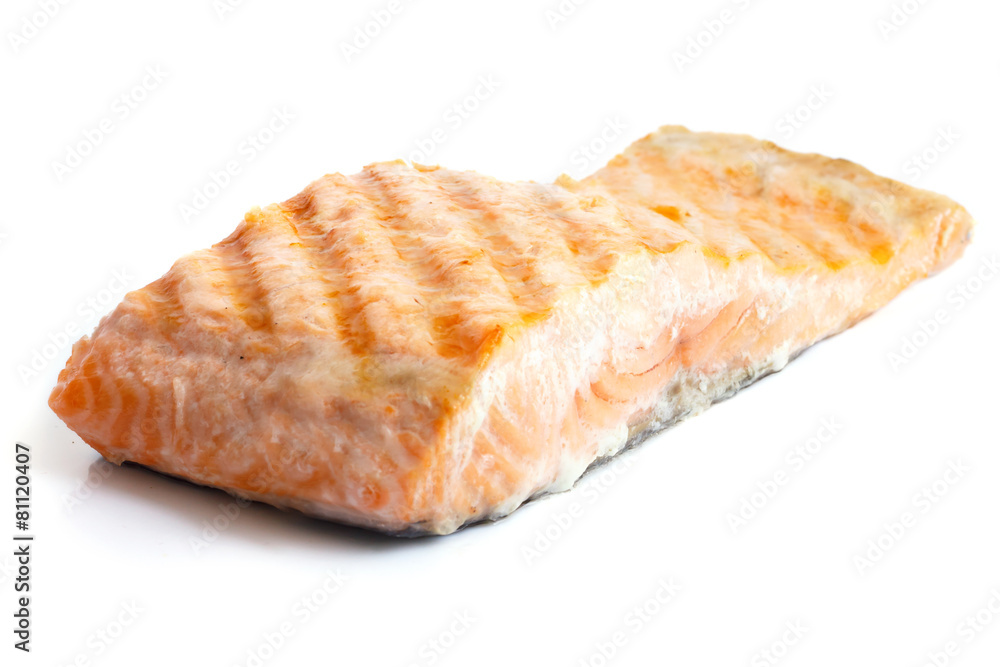Grilled fillet of salmon with skin isolated on white. Grilled fillet of salmon with skin isolated on white.