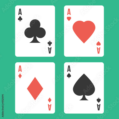 Four aces. Playing cards isolated on green background