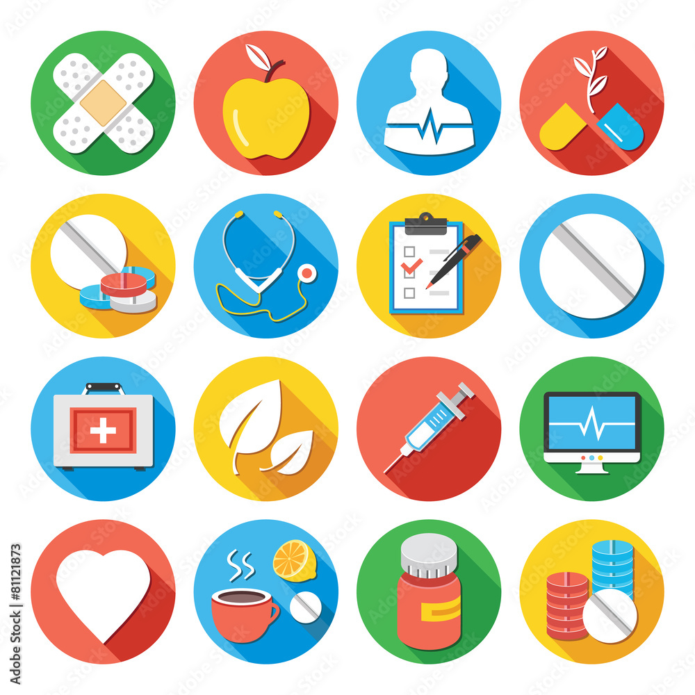 Medical icons set. Flat design icons with long shadows