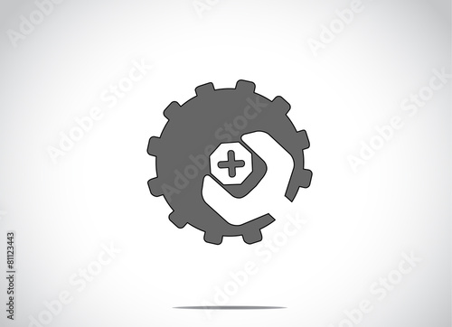 black colorful cog wheel gear with screw nut or bolt & spanner.