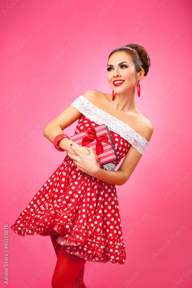 Happy Woman Holding Gift Box. Pin-up retro style. Happy Woman Holding Gift Box. Pin-up retro style.