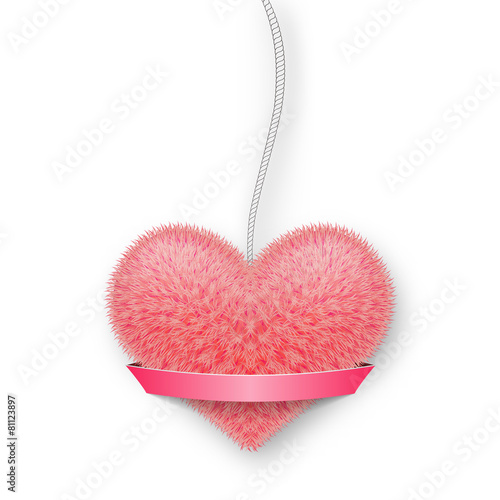 Fluffy pink heart on a rope with a banner for your text.