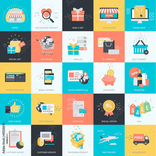 Set of flat design icons for e-commerce, online shopping