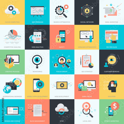 Flat design icons for SEO, digital marketing, social network