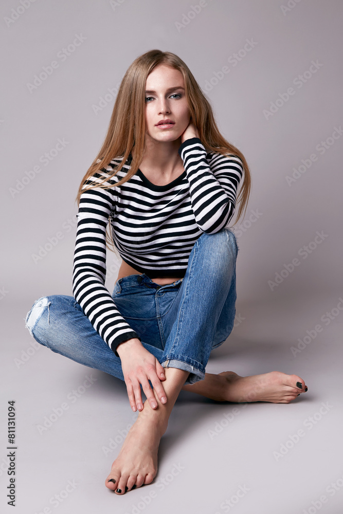 Beautiful sexy woman blonde hair evening make up casual clothes Beautiful sexy woman blonde hair evening make up casual clothes