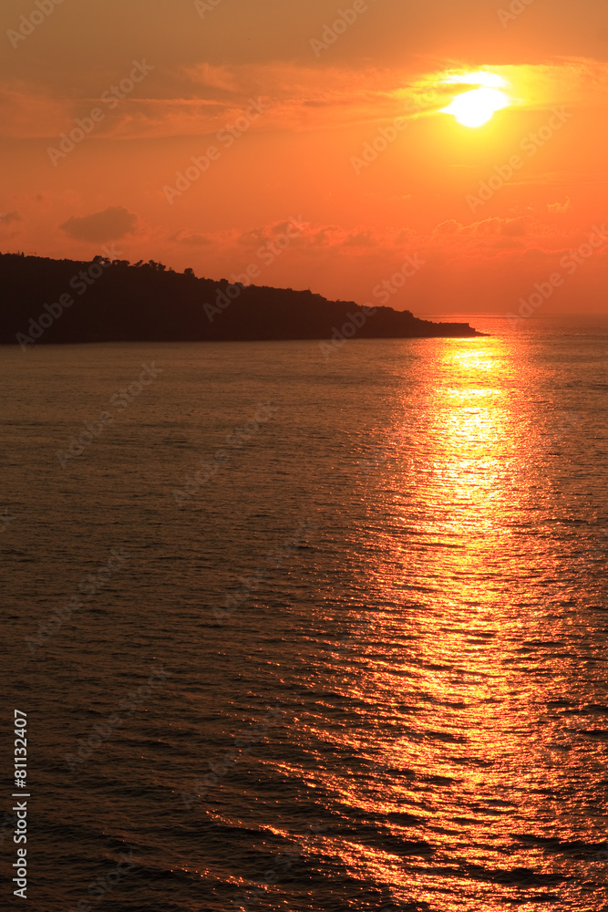 Sun sets over the bay in Sorrento, Italy