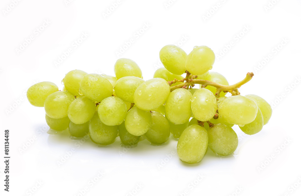 Ripe and juicy green grapes on white background