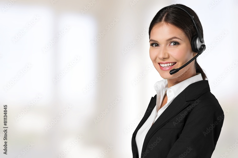 Customer. Picture of friendly female helpline operator with Customer. Picture of friendly female helpline operator with