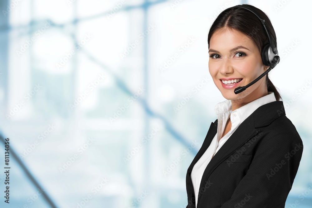 Customer. Picture of friendly female helpline operator with Customer. Picture of friendly female helpline operator with