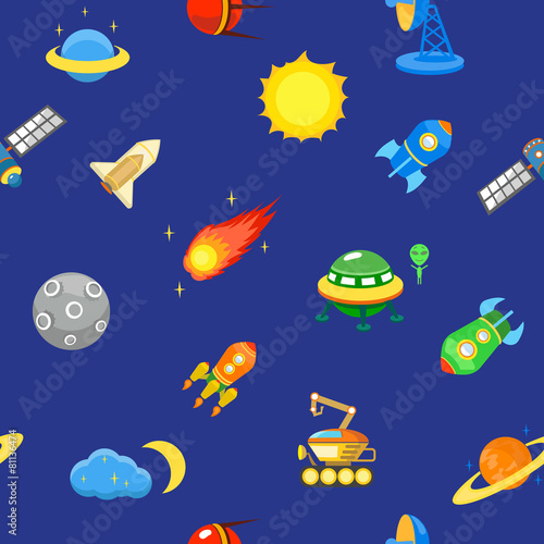 Seamless space pattern.  Planets, rockets and stars. Cartoon © lightgirl