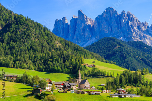 View of mountain valley and Santa Maddalena village, Dolomites