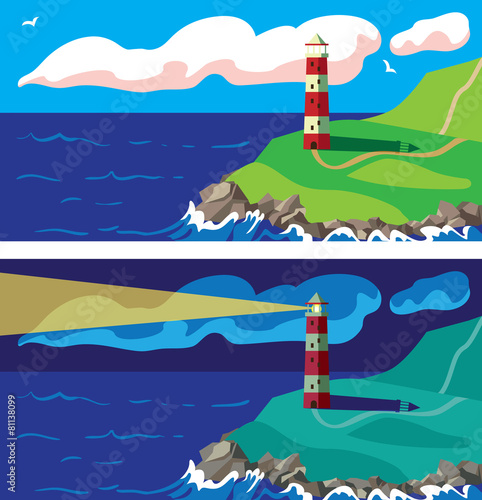 Lighthouse on the rocks day and night
