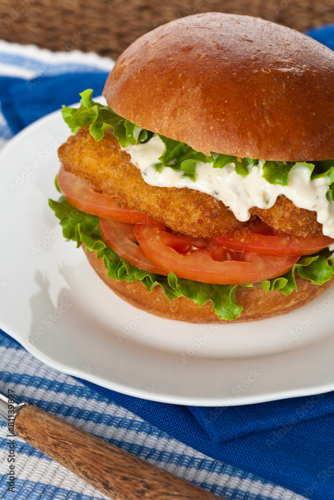 Breaded Fish burger. Selective focus. Breaded Fish burger. Selective focus.