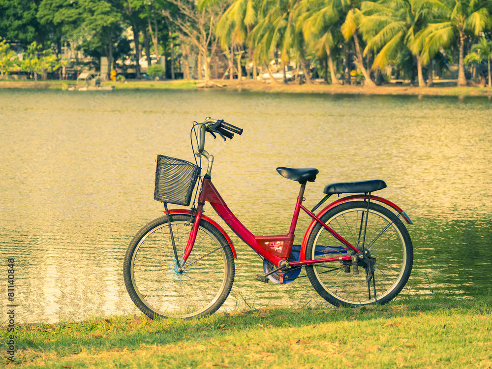Fototapeta premium bicycle on green grass with lagoon background