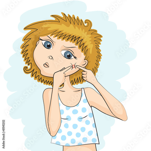 Girl is squeezing out a pimple