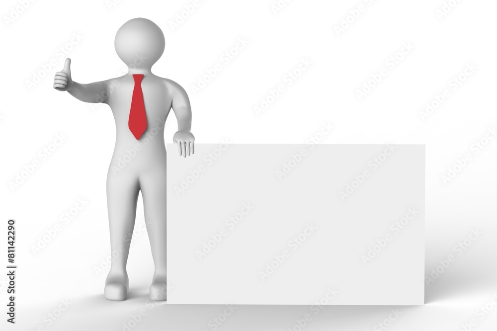 3D Business man stays near blank banner 3D Business man stays near blank banner