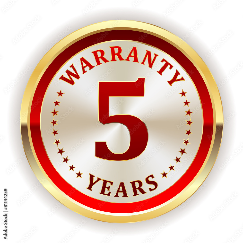 Gold five year warranty badge on white background Gold five year warranty badge on white background